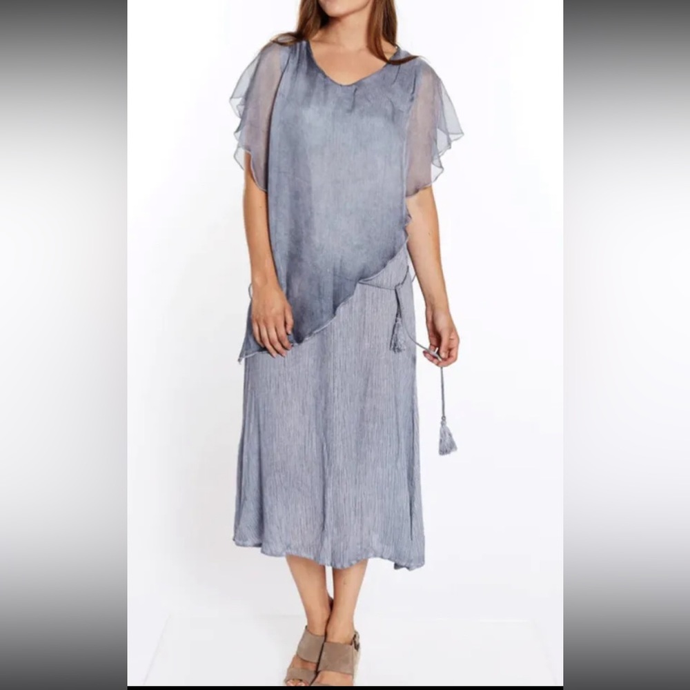 SOFT SURROUNDINGS - Flowy Overlay Cape Dress Grey Tassel Tied Size M NWT￼